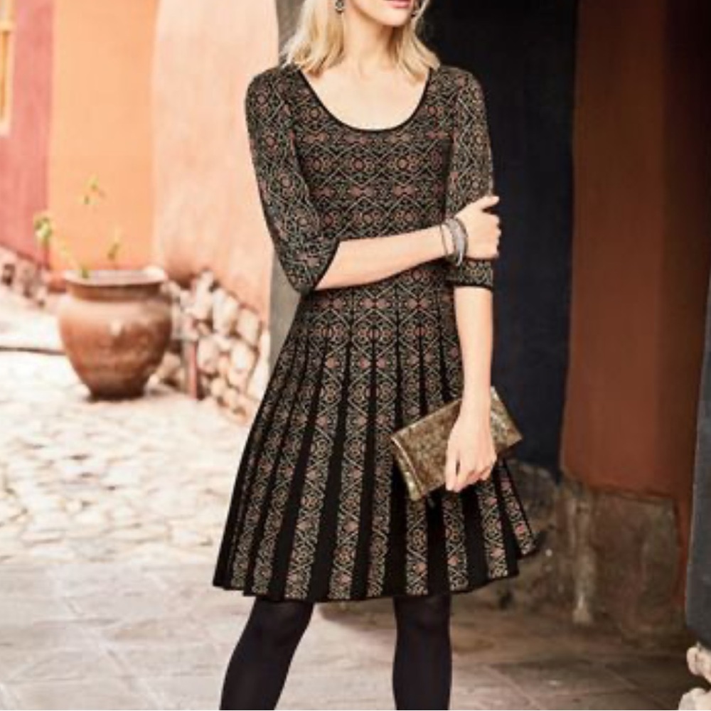 Peruvian Connection Gilt Scrollwork Pleated Long Sleeve Sweater Dress